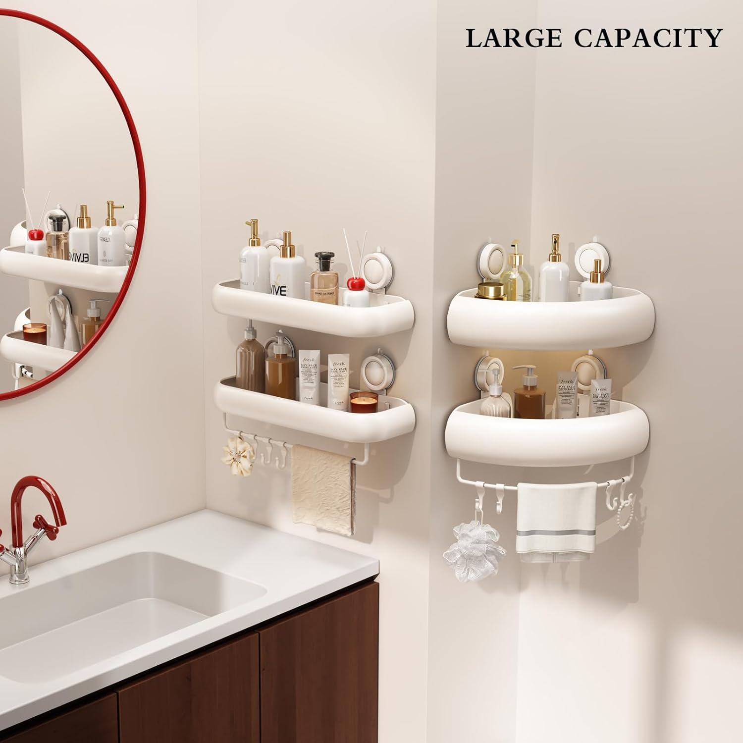 Shower Caddy Suction Cup, 2 Pack No Drilling Corner Shower Shelves, Rust Proof Bathroom Storage Organizer, Shower Corner Caddy with Removable Hooks and Towel Bar, Triangle, White