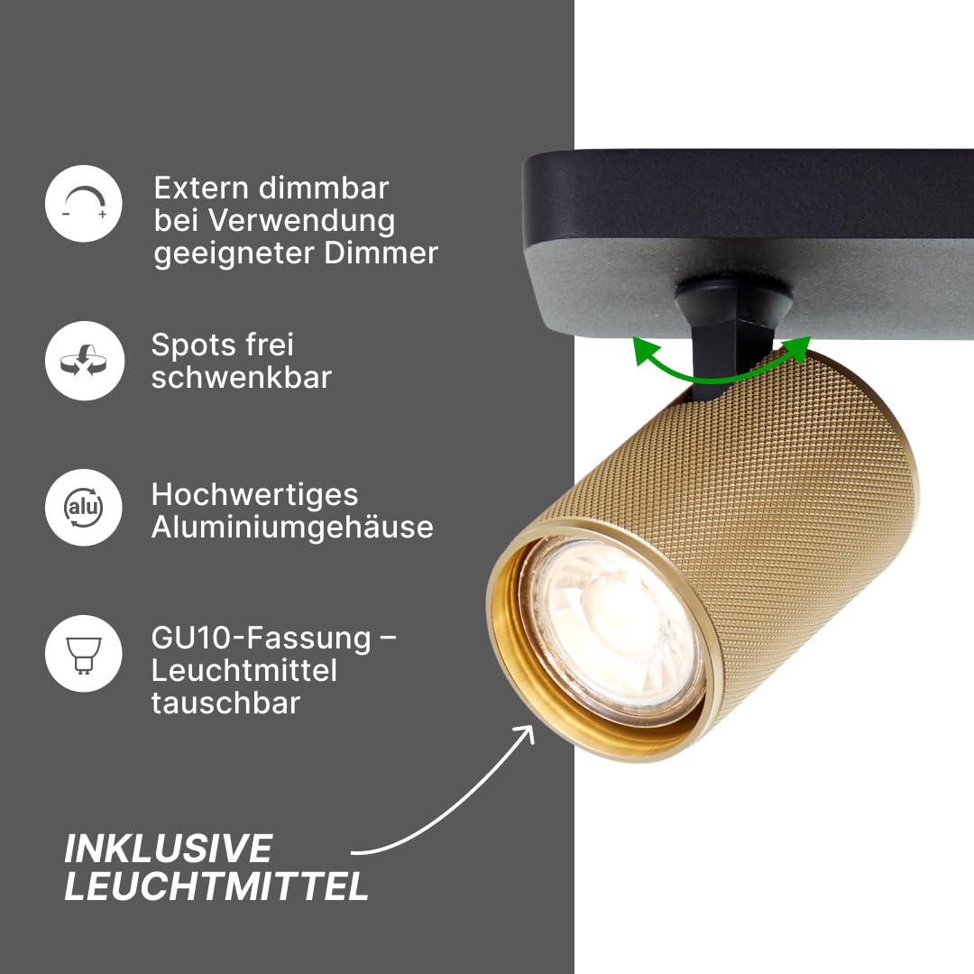 Brilliant Marty LED Deckenstrahler, 2-flammig, schwenkbare Spots mit GU10-Fassung, dimmbar, warmweißes Licht, 2 × 345 Lumen, sand-schwarz/matt-gold – ideal für Wohnzimmer und Flur.