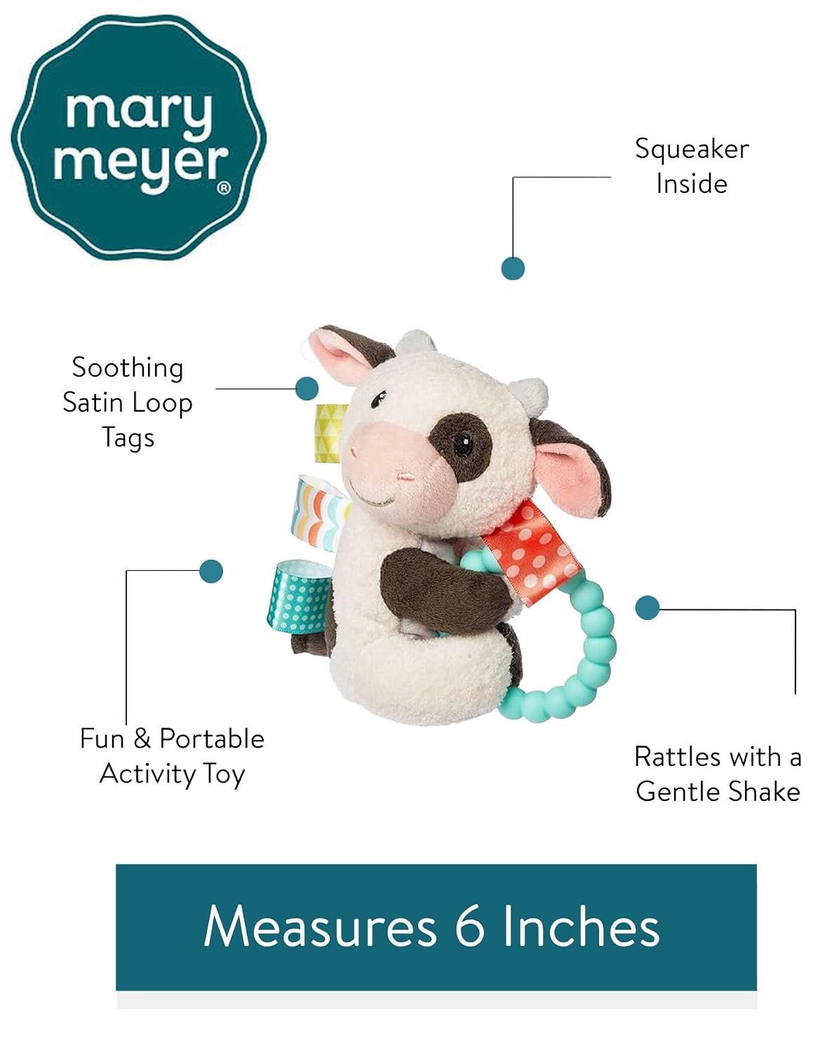 Taggies Soft Baby Rattle with Soothing Teether Ring and Sensory Tags, 6-Inches, Buttercup Cow