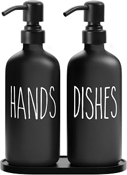 MOMEEMO Black Soap Dispenser Set, Contains Dish and Hand Soap Dispenser, Suitable for Kitchen Decor and Accessories. Black