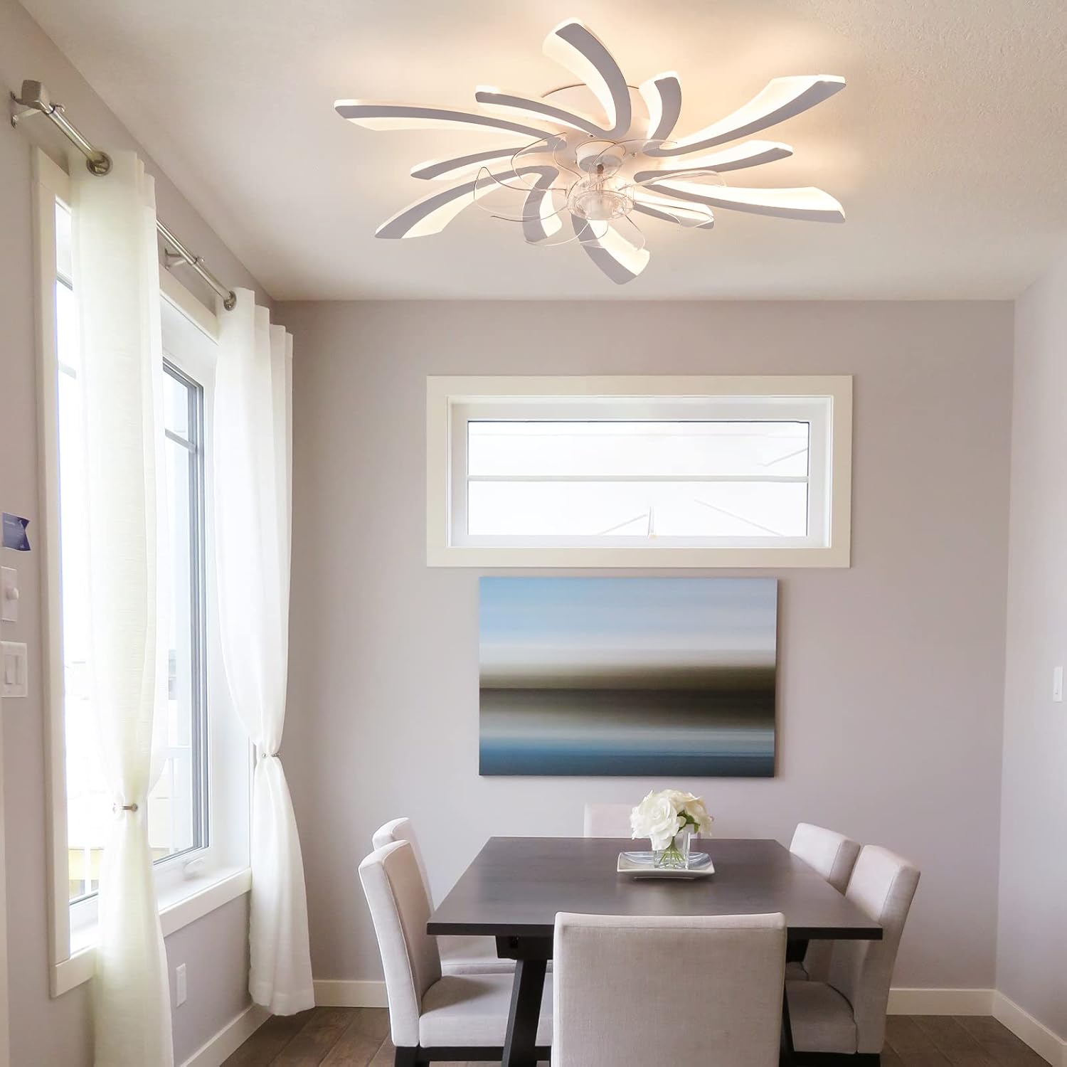 YUEGOO Ceiling Fans with Lamps,Ceiling Fan with Light and Remote Control Reversible Dc Motor 6 Wind Speed Ceiling Fan with App Dimmable for Living Room Bedroom Winter and Summer Function/White