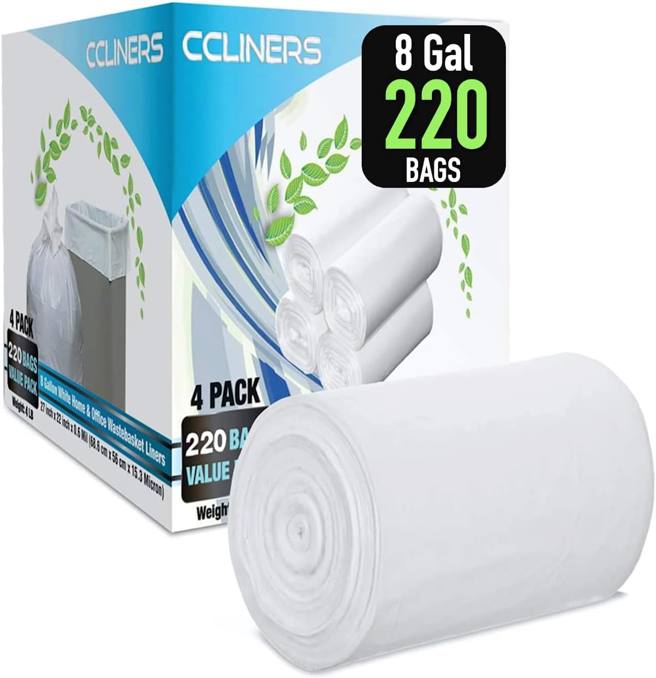 8 Gallon Medium Trash Bags White Kitchen Garbage Bags Plastic Wastebasket Trash Can Liners for Home and Office Bins, 220 Count