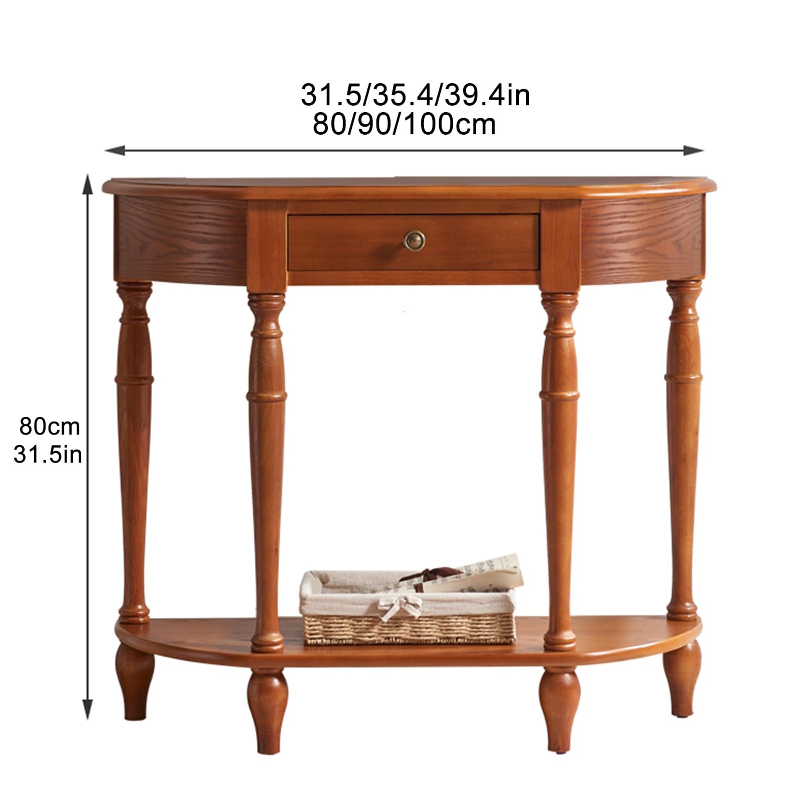 Consolle a mezzaluna, consolle in legno massello per ingresso, tavolino semicircolare con cassetto portaoggetti, ideale per soggiorno, corridoio e ingresso (marrone, 120x30 cm/47,2x11,8 pollici)