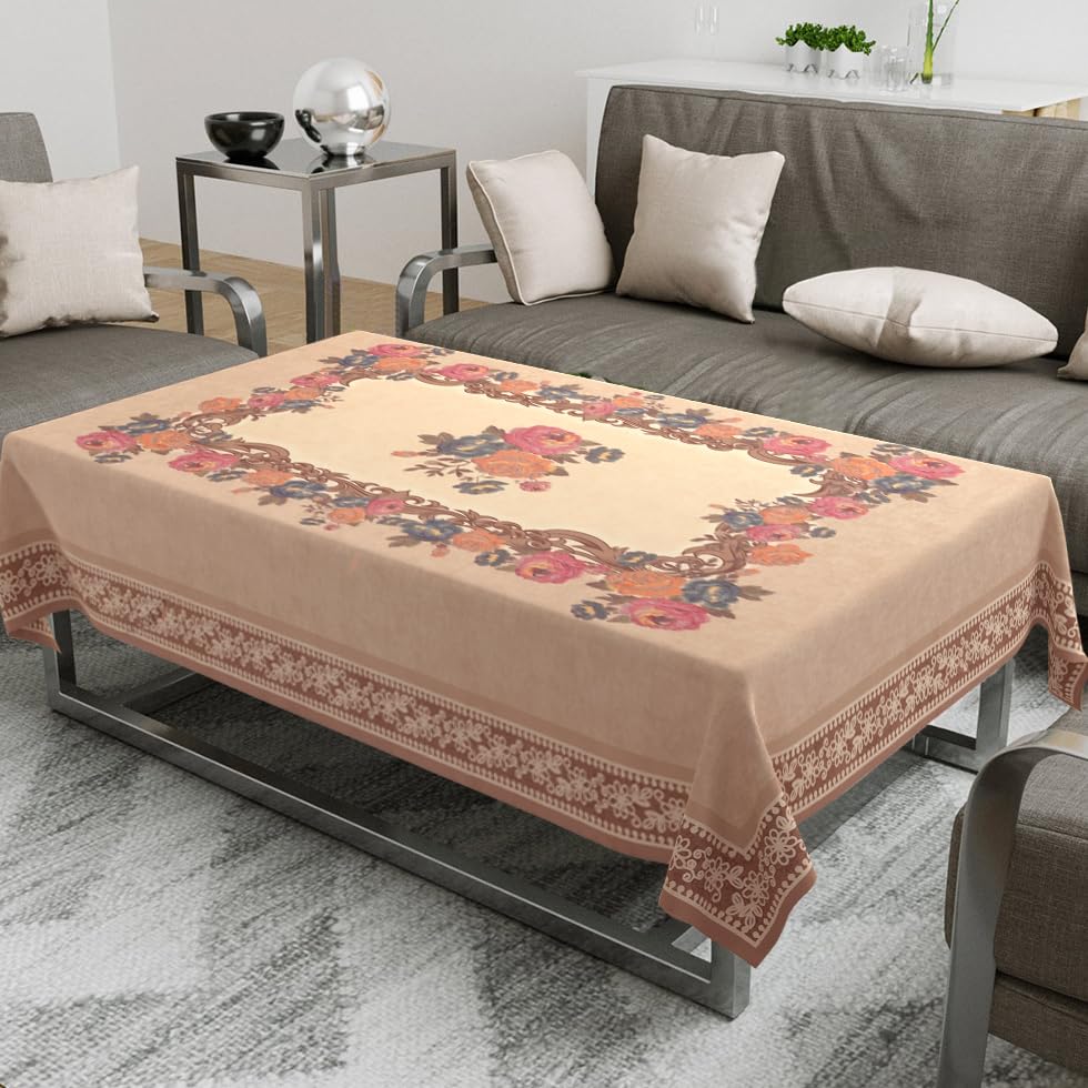 Image of Cloth Fusion Rectangular Velvet Floral Centre Table Cover Cloth, Table Cloth With Elegant Floral Pattern For Living Room (40x60 Inch, Peach)