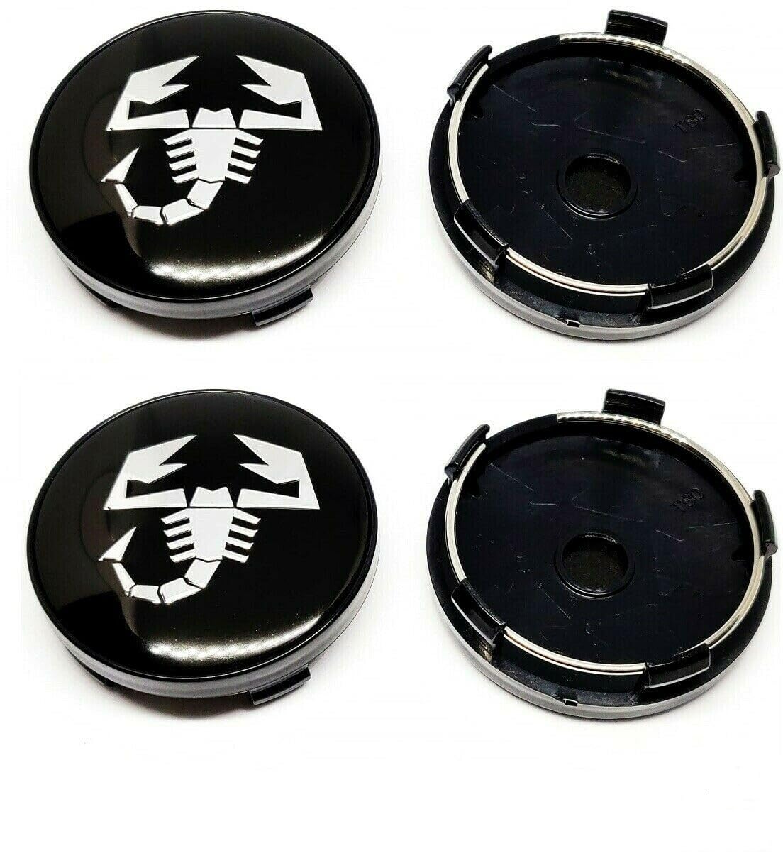 Set 4 Tappi Coprimozzo Copri Mozzo Diametro 60 mm con Scorpione Compatibili per ABARTH 500 595 695 SS GRANDE PUNTO Borchie Coppe Coppette per Cerchi in Lega Fiat Nero