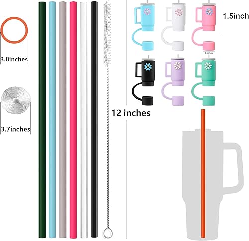 Miniatura 2 de Paquete de 12 popotes y fundas de repuesto para vaso Stanley Adventure de 40 onzas, popotes de silicona reutilizables con cepillo de limpieza,