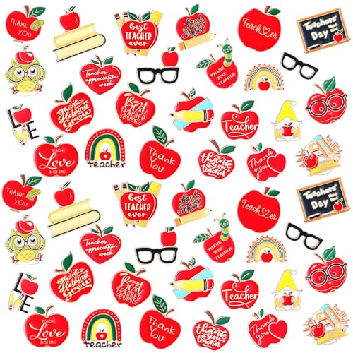 Image of Giegxin 40 Pcs Teacher Lapel Pins Bulk Back to School Pencil Book Apple Blackboard Enamel Pins for Clothes Bags Accessories