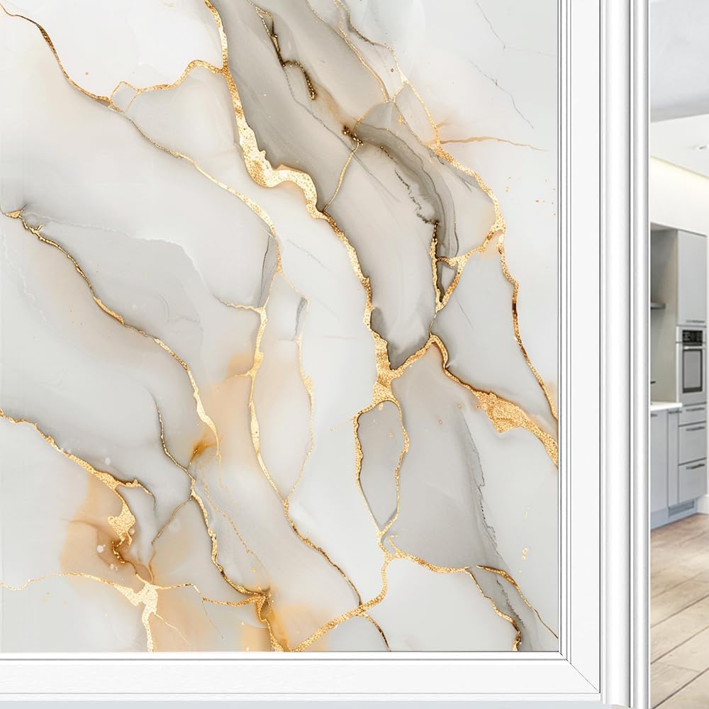 Colorful Marble Window Privacy Film, Modern Gold Texture Minimalist Frosted Stained Glass Window Film Decorative Decal for Glass, Windows Tint for Home 23.6Wx35.4L inch