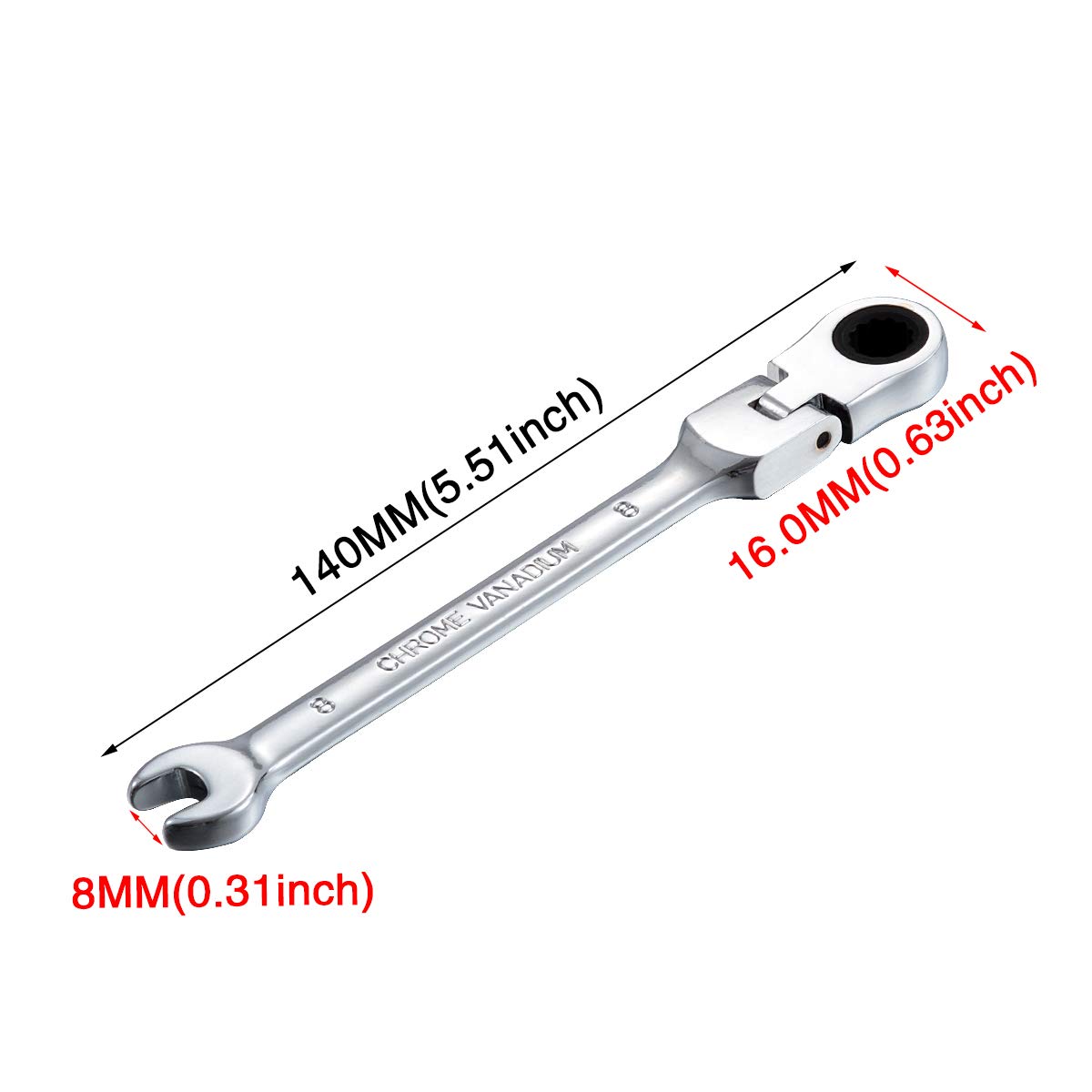KATUR Chiave combinata a cricchetto 8 mm, chiave a cricchetto con testa flessibile, design industriale a doppio uso, utensile metrico professionale in acciaio al cromo vanadio