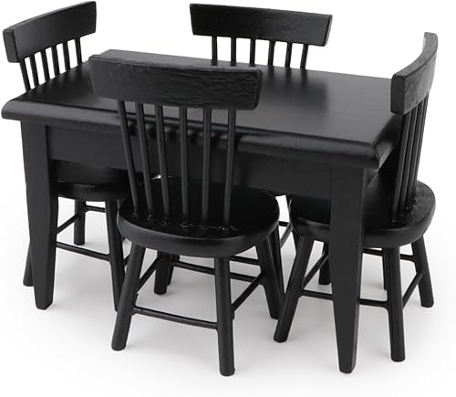 Miniatura 8 de Juego de mesa y silla de comedor en miniatura para casa de muñecas 1 a 12 escalas, muebles de madera, modelo 5 piezas de casa de muñecas, mini