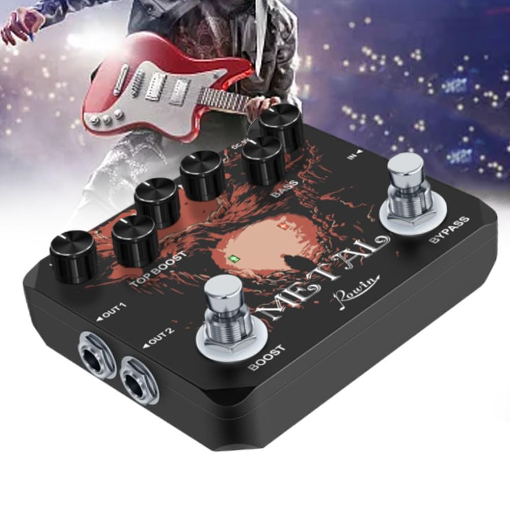 Rowin - Pedale effetto distorsione in metallo per chitarra, con True Bypass, alti regolabili per manopole Boost Volume, ampio per controllo tono, Blues, Hard Rock e High Gain Metal, nero