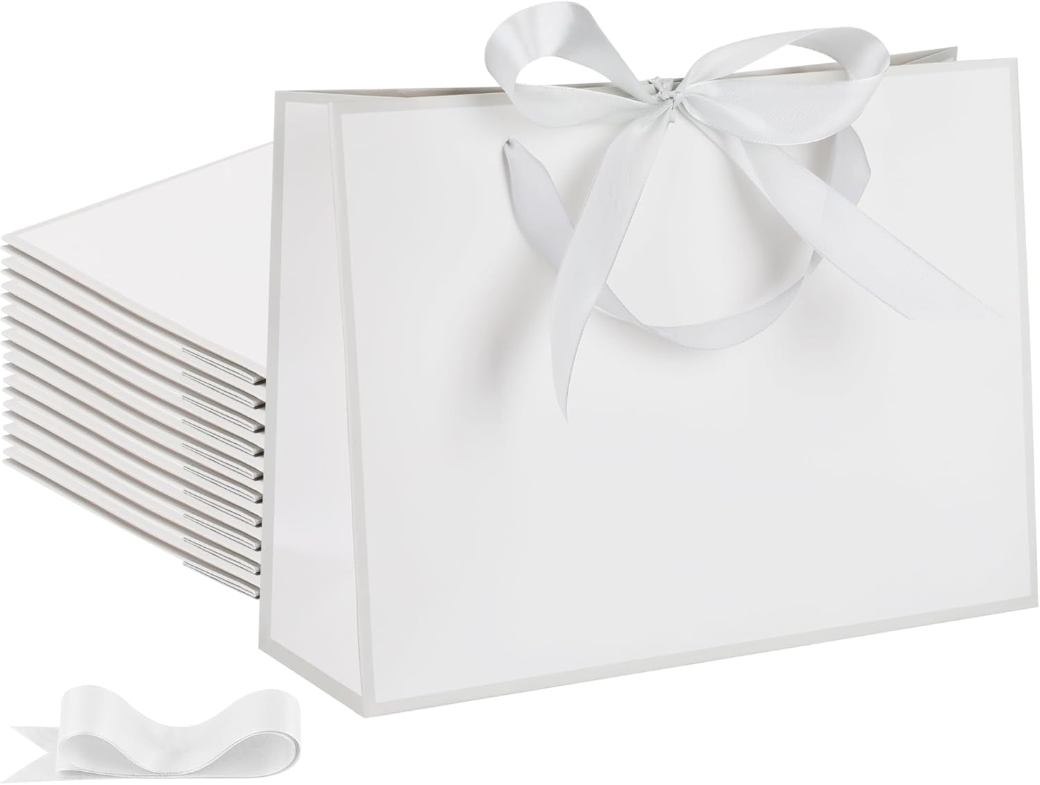 STOBOCTER 25 Pcs Paper Gift Bags with Handles 12.6''x4''x9.1'' Thank You 5 Senses Gift Bags with Bow Ribbon for Wedding Bridesmaid Baby Shower Graduation Housewarming Birthday Party(White, Silver) 1 Count (Pack of 25) White, Silver