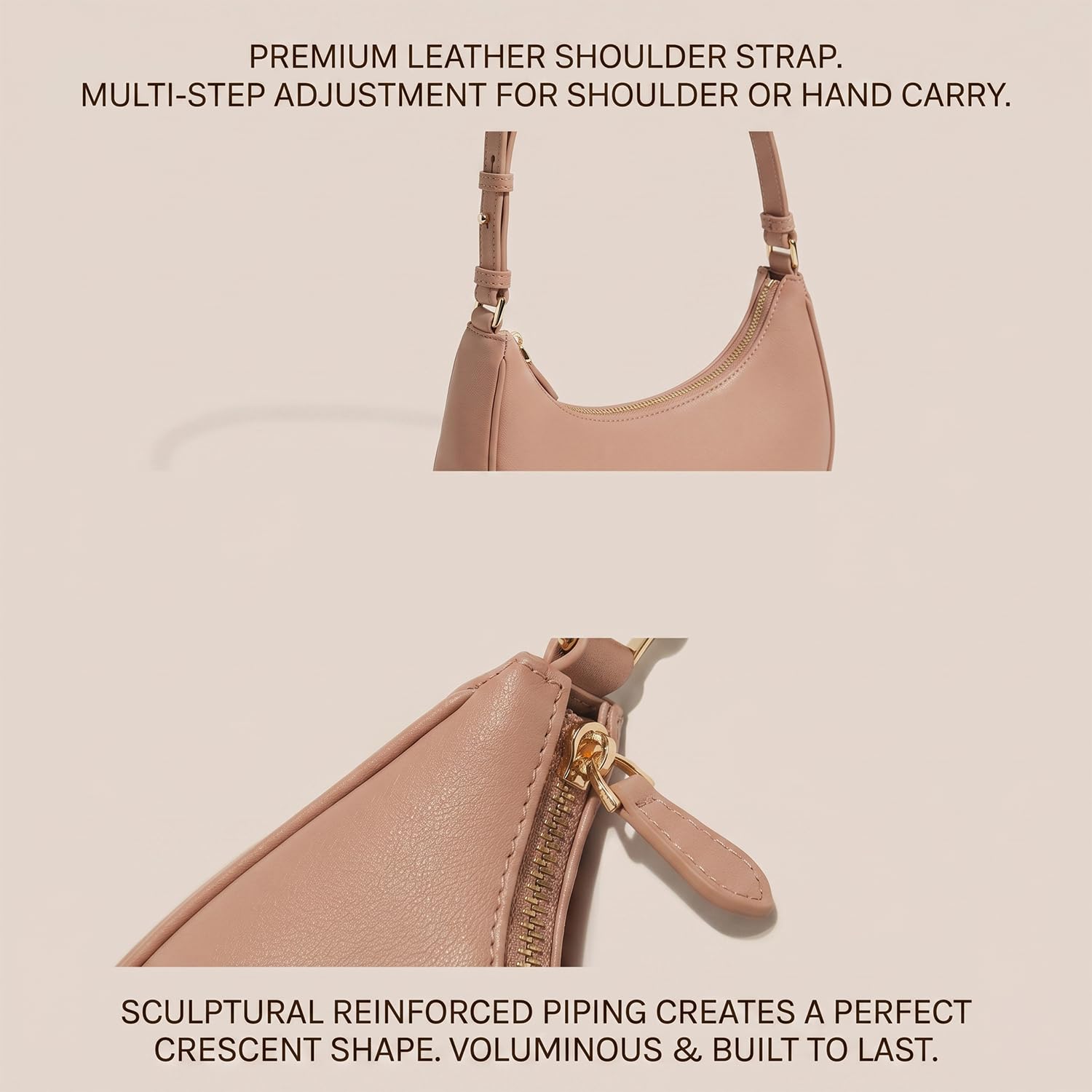 Bolso Bandolera Mujer de Cuero Genuino Blandito, Bolso de Hombro Media Luna Axila, Elegante Bolso Baguette Minimalista Casual Diario Rosa