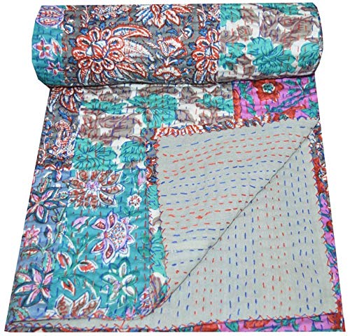 Yuvancrafts Cotton Kantha Quilt - Indian Handmade Bedding - Traditional Patchwork Printed Blanket Twin Size Quilt Bedspreads Throw (Multicolor) - 60