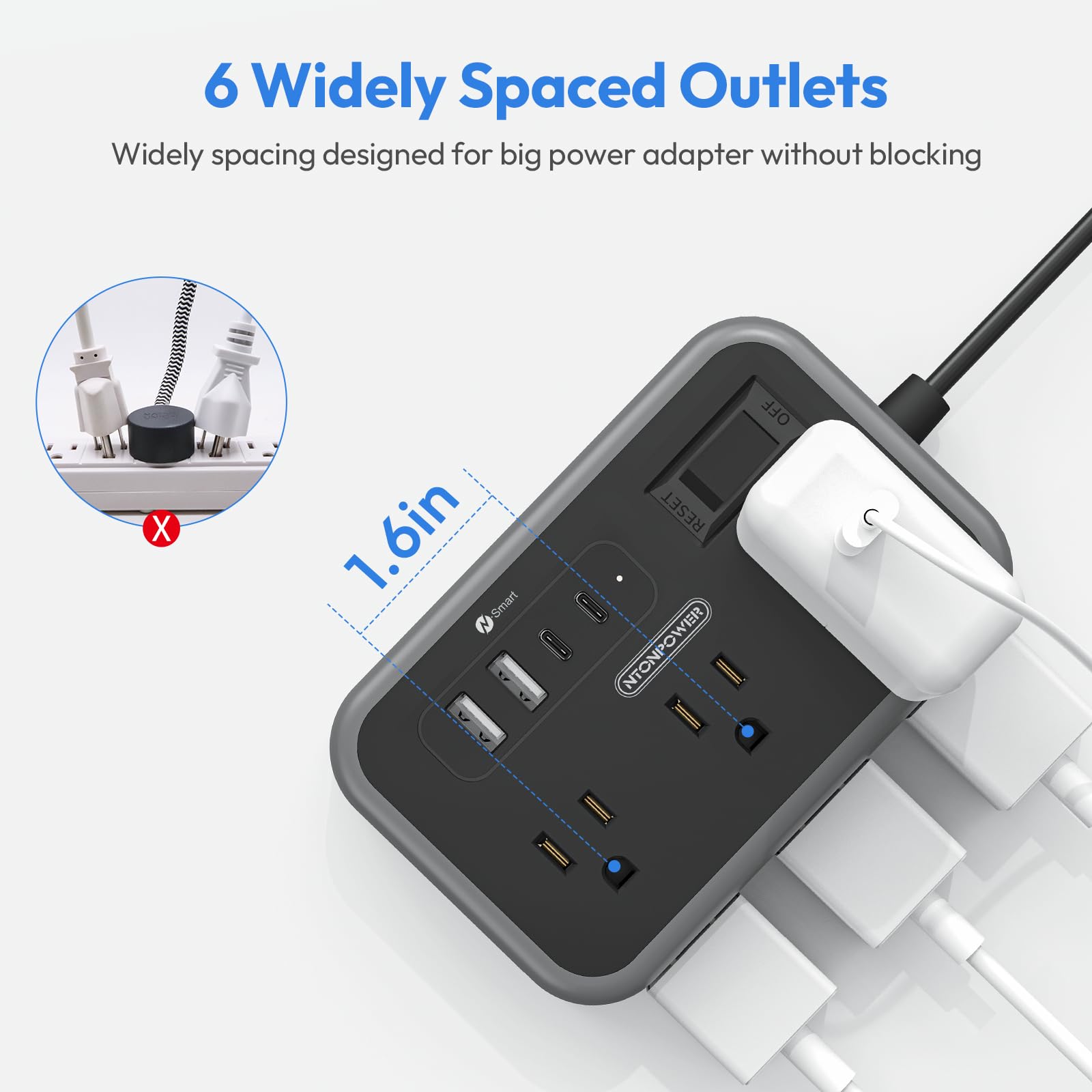 NTONPOWER 6 Widely Spaced Outlet(2 Side) Power Strip with 4 USB Ports, Extension Cord 15 Ft — Amazon image 3
