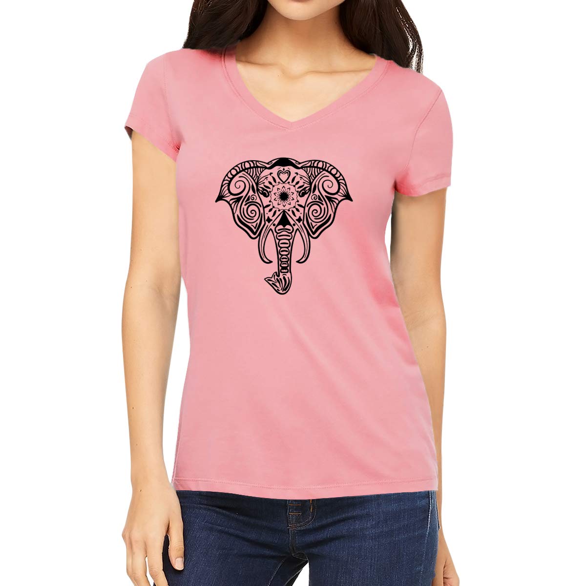 OPLUWomen's Regular Fit Mandala Elephant Design Cotton Graphic Printed V Neck Half Sleeves Multicolour T Shirt. Trending, Mandala, Pootlu, Mandala Art Tshirts