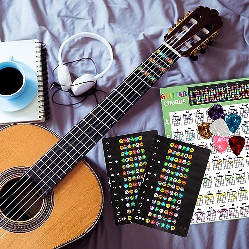 Image of Guitar Fretboard Stickers, with Guitar Chord Chart,Color Coded Note Decals Guitar Tools for Learner Practice Fit 6 Strings Guitar (2*Stickers+1*Chords Map+6*Picks)