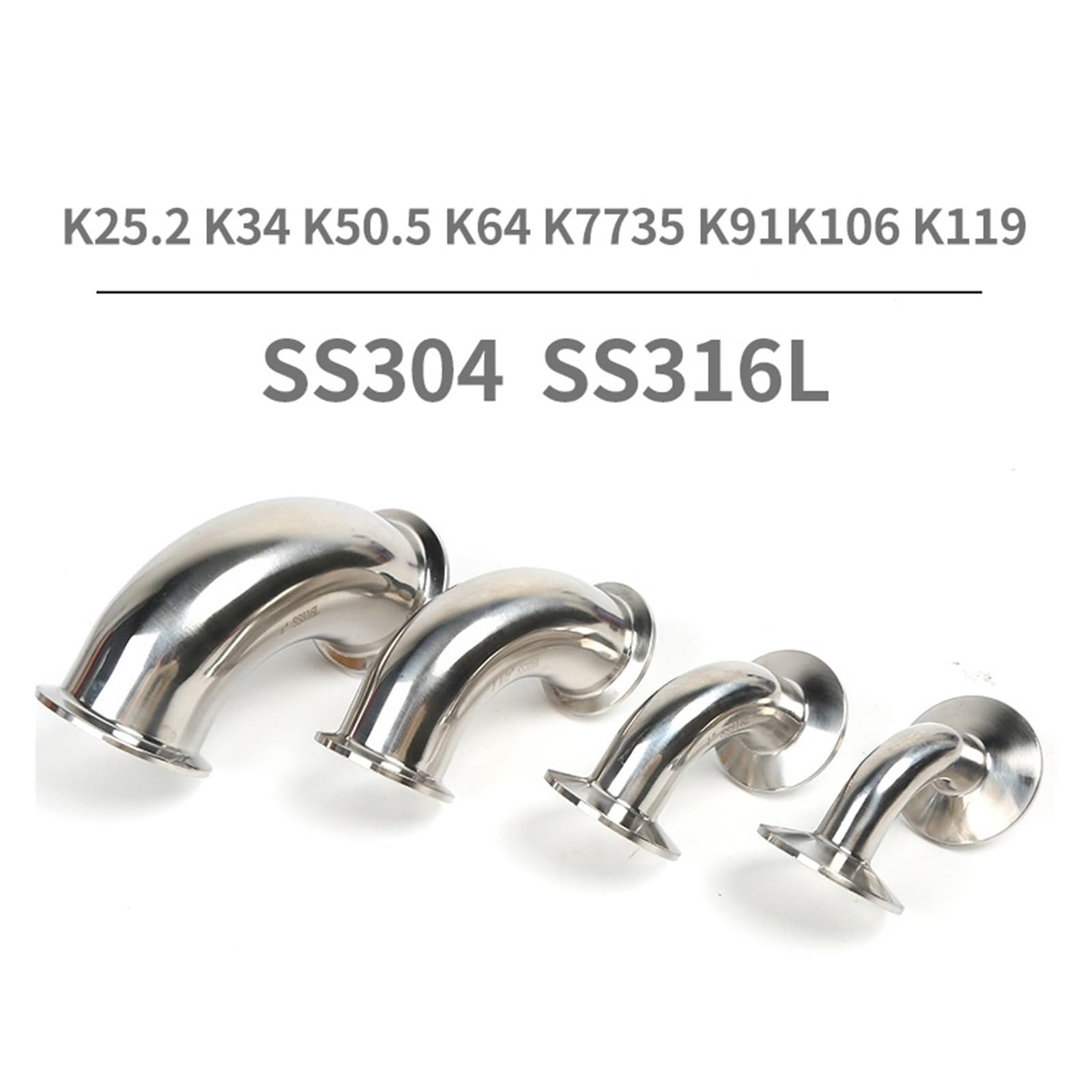 ZHGUIMING Codos de triple abrazadera sanitaria SS304 de 3/4" a 4" y 90 grados. Accesorio for tubería SS316L.(K106xOD89,SS316L)