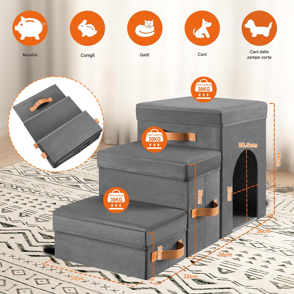 BAKAJI Scale per Cani e Gatti 3in1 Pieghevole in Velluto Olandese Grigio, Scala per Animali Domestici Multifunzione, Scaletta Vano Contenitore e Cuccia Casetta, Gradini Ergonomiche, Fondo Antiscivolo