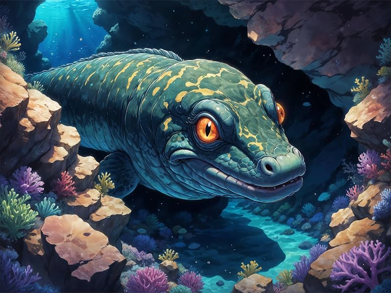 Ahbjnuytf Anime-style moray eel peeking out from a rocky crevice Poster Modern Home Furnishing Canvas Painting Wall Art Decorations for Living Room