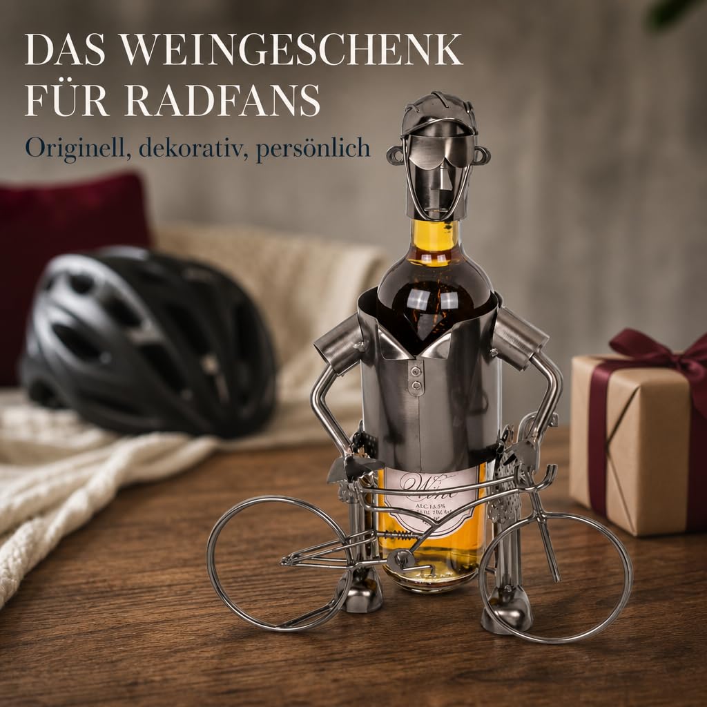MIJOMA Weinflaschenhalter Fahrradfahrer aus Metall – Deko-Weinständer für 1 Flasche, Handarbeit, originell für Radfahrer, Flaschenhalter Eisen, 25x13x20,5 cm