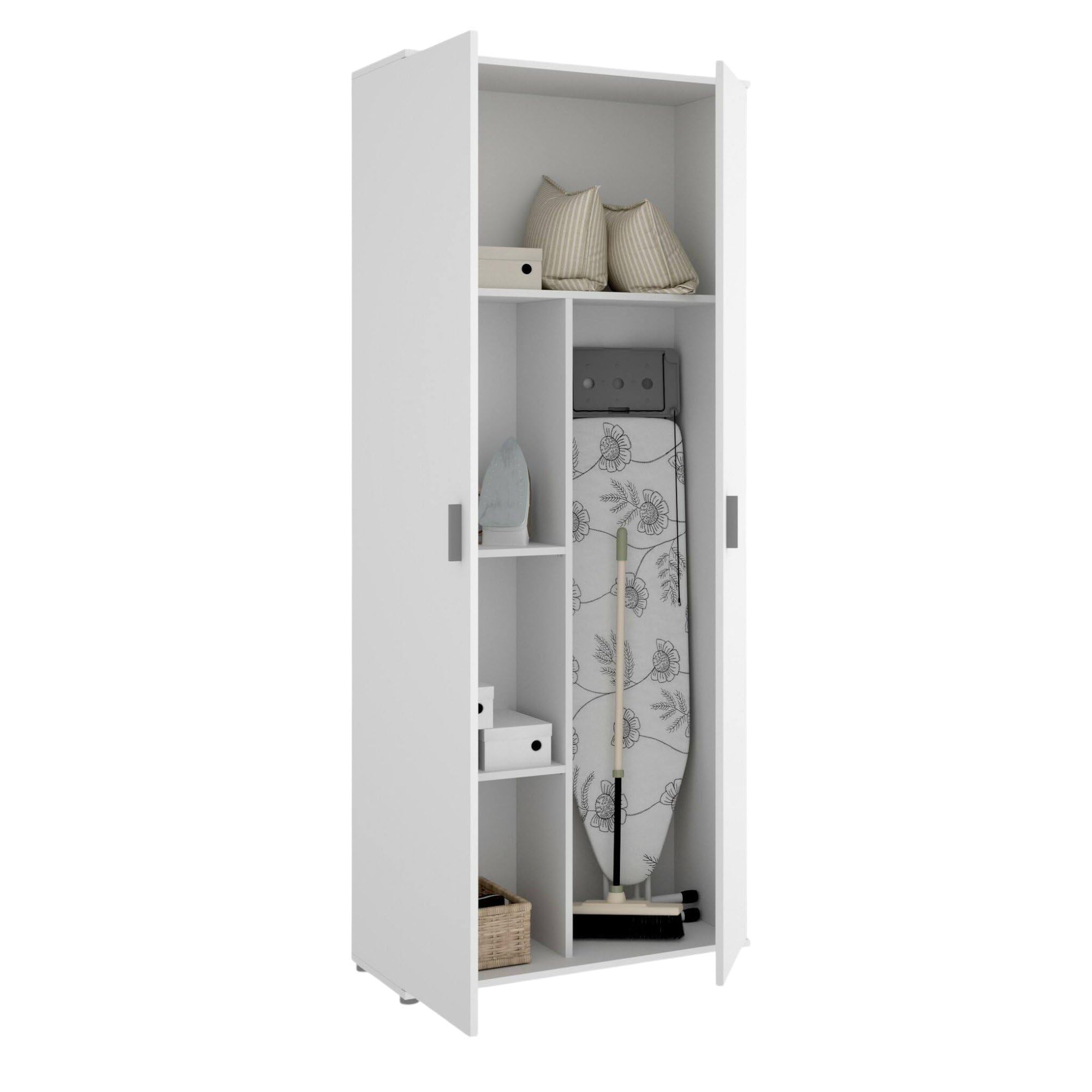 Dmora - Armadio multiuso 2 ante Forcola, Mobile multifunzione porta scope, Guardaroba porta scarpe, 78x35h190 cm, Bianco