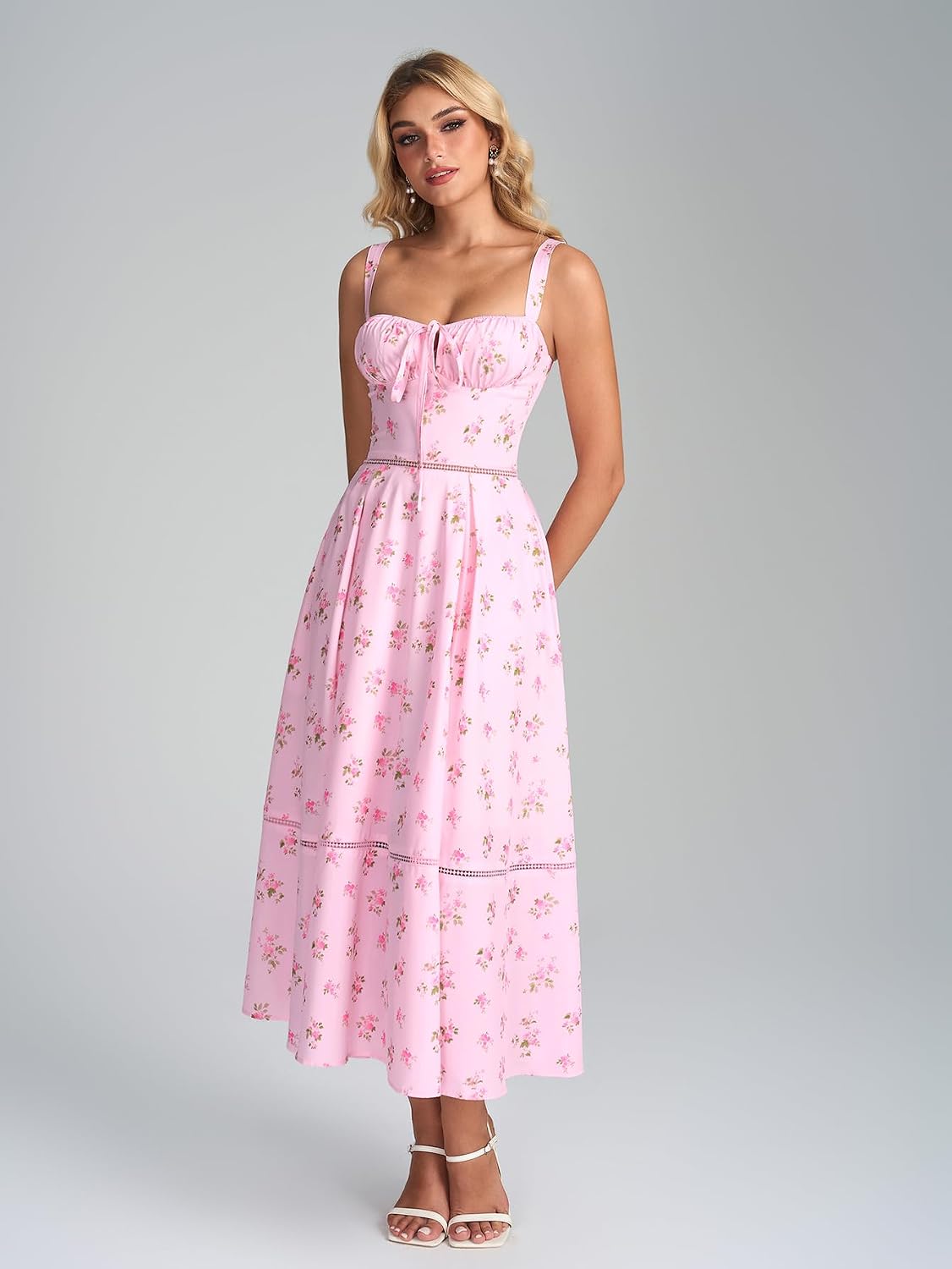 Colysmo Floral Corset Midi Summer Engagement Photoshoot Dress with Pockets | Casual Flowy Sundress, Adjustable Lace Up, Wedding Guest, Milkmaid, Tea Party