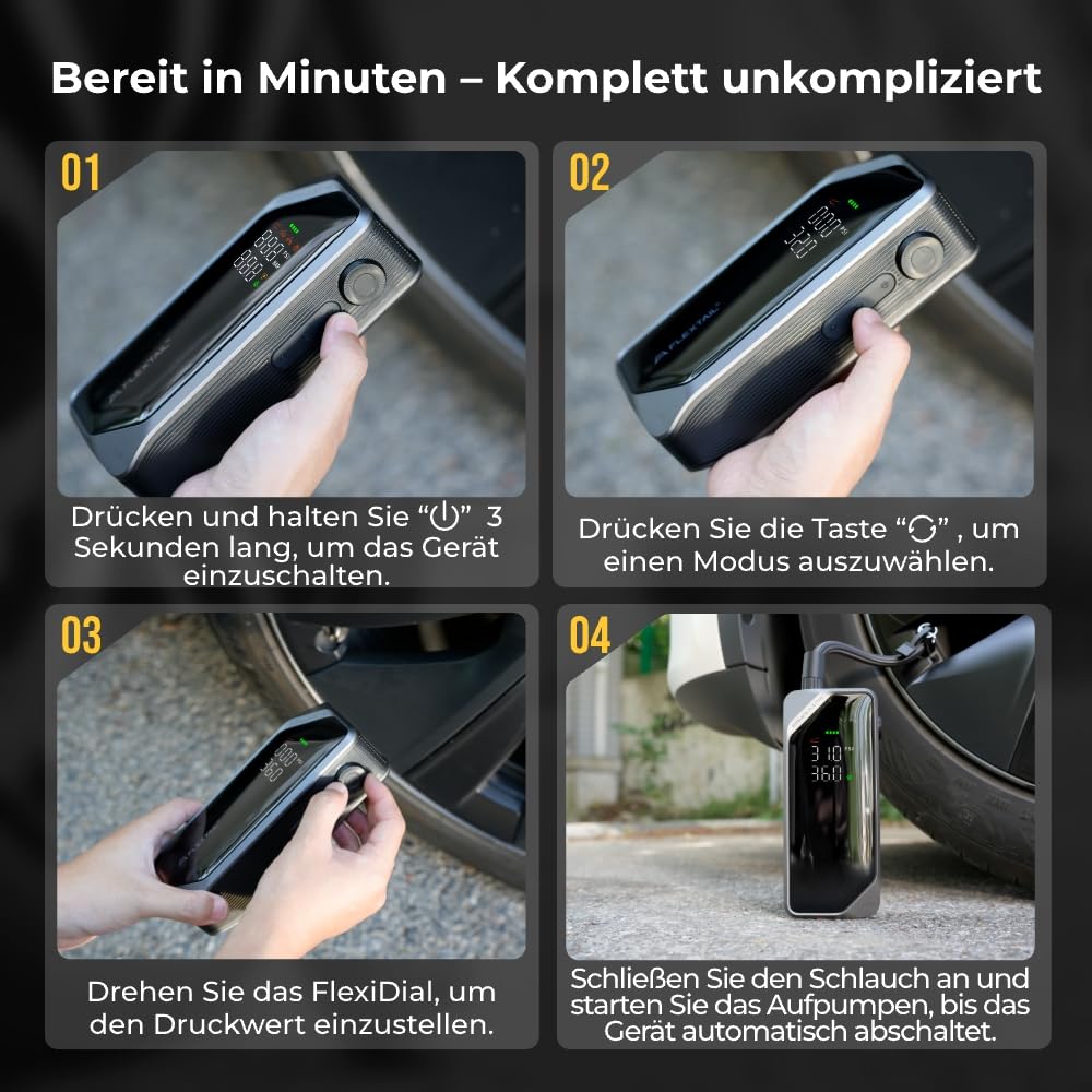 FLEXTAILGEAR Elektrische Luftpumpe, Akku Fahrradpumpe, 150PSI Tragbare Fahrrad Pumpe, 12V DC & USB‑C Mini Kompressor für Auto, Motorrad, Fahrrad, Bälle, mit LED-Licht, 6000mAh Powerbank