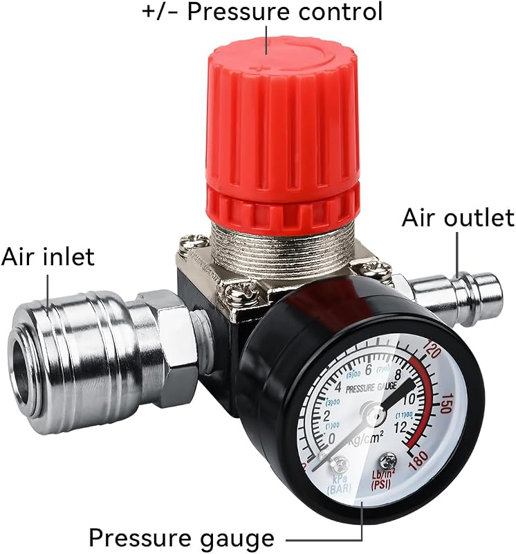 Preciva 1/4" Nyomásszabályozó Szelep - Légkompresszorokhoz, 175 PSI/12 BAR Nyomásmérővel - EU Szabvány, Fém Ház, 3 Csatlakozó, Fekete