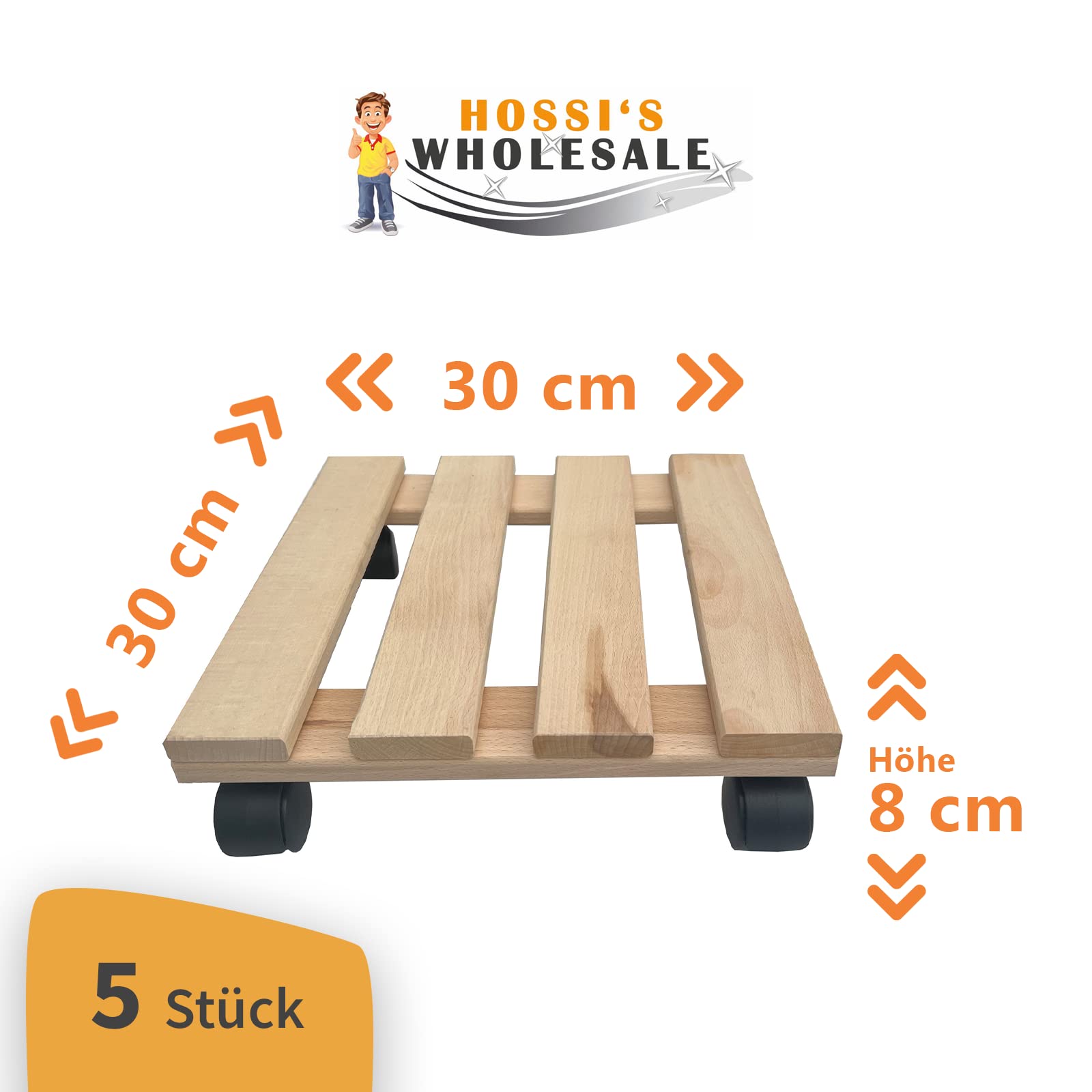 Unbekannt Lot de 5 roulettes pour plantes en bois massif en bois de hêtre solide carré 30 cm x 30 cm jusqu'à 120 kg