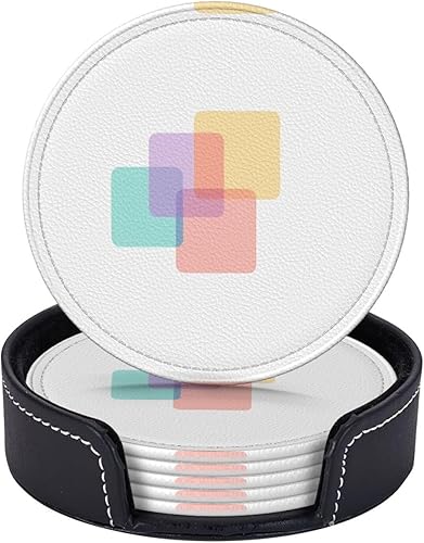 Miniatura 5 de Drink Coasters Set of 6, Squares Printed PU Leather Round Coaster with Holder for Outdoor, Office, Bar, Funny Heat-Resistant Home Desk Decor