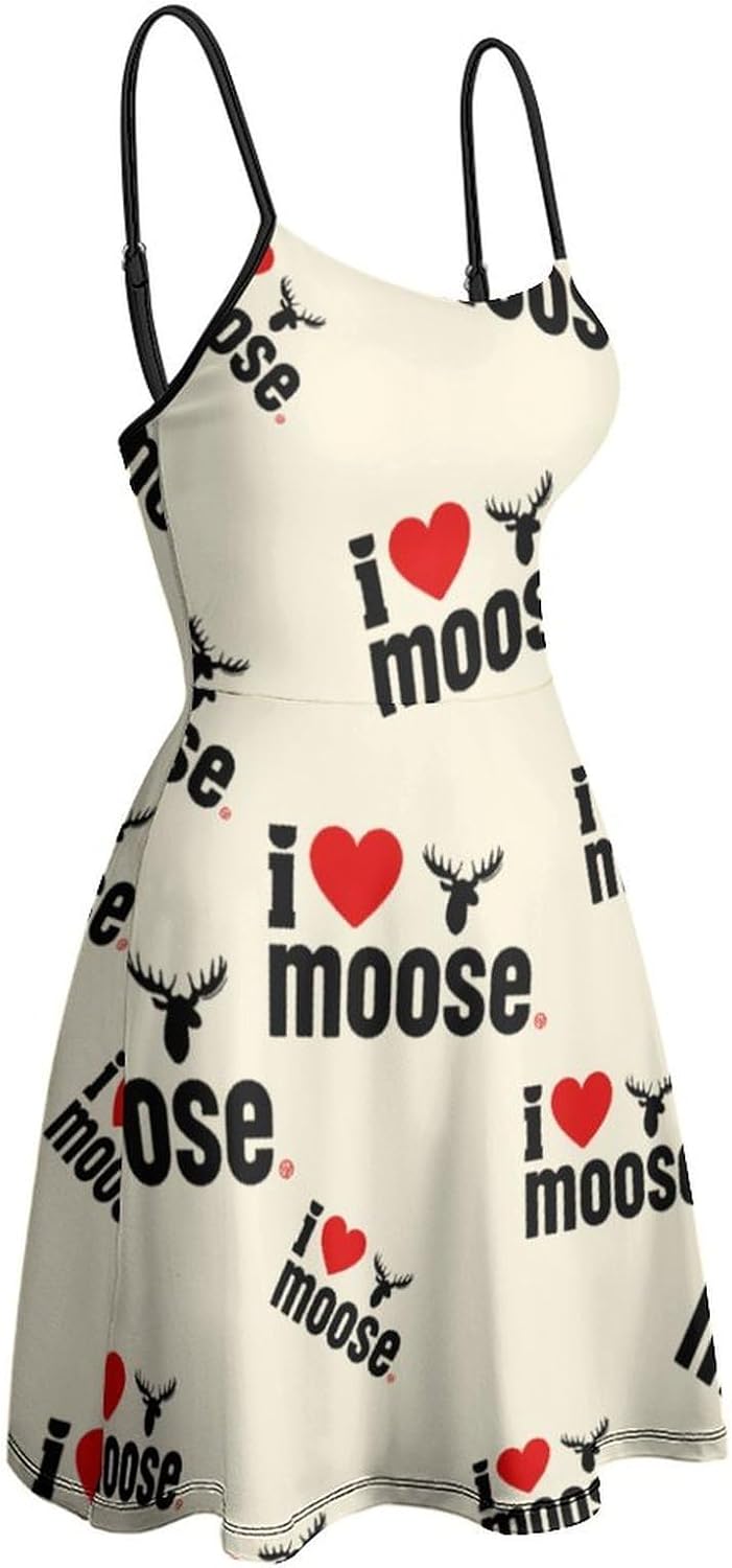 I Love Moose Short Cami Dress for Women Adjustable Spaghetti Strap Flowy Sundress Beach Vacation