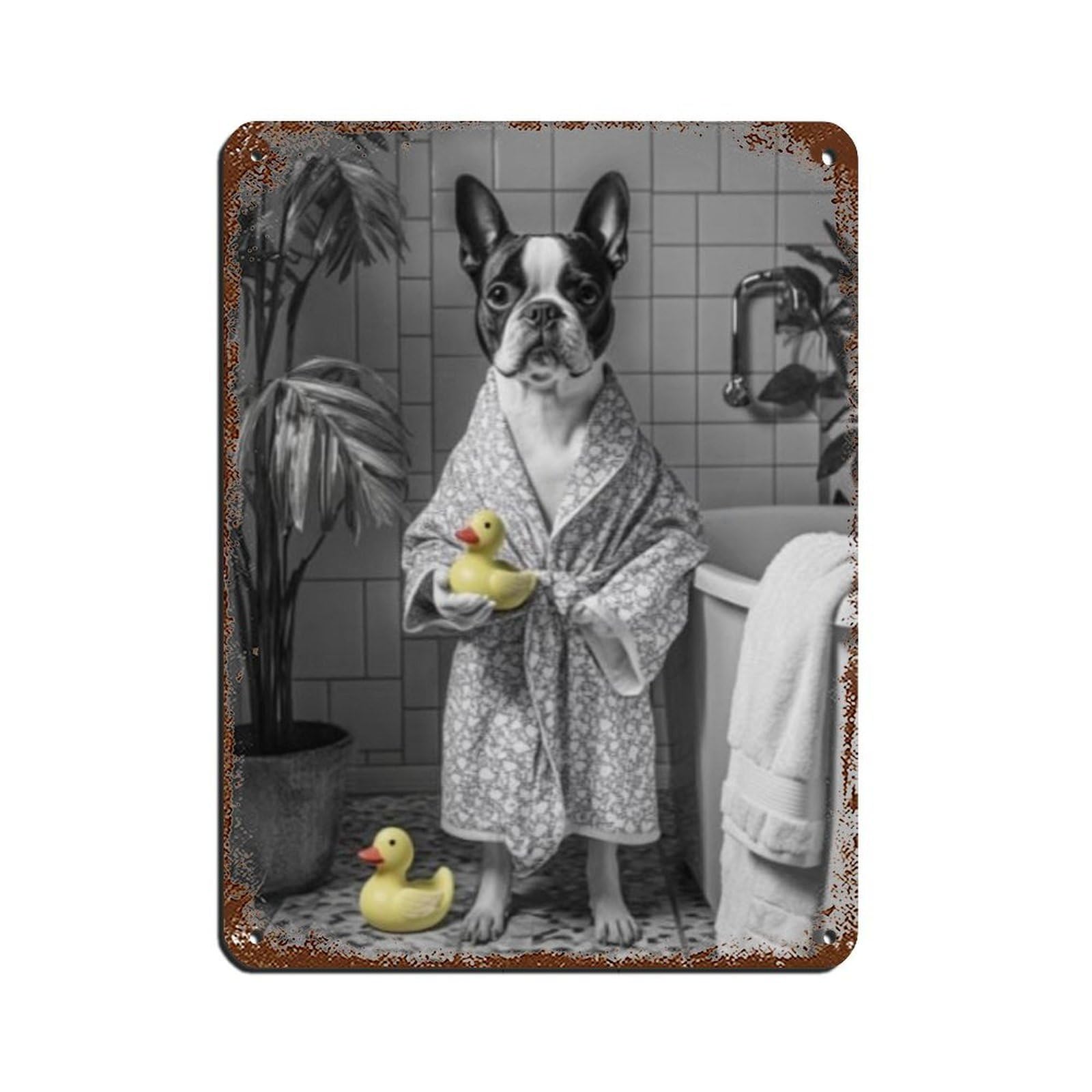 Dog with Rubber Duck Wearing Bathrobe Decor Tin Sign Vintage Metal Pub Club Cafe Bar Home Wall Art Decoration Poster Retro 12x16inch(30x40cm)
