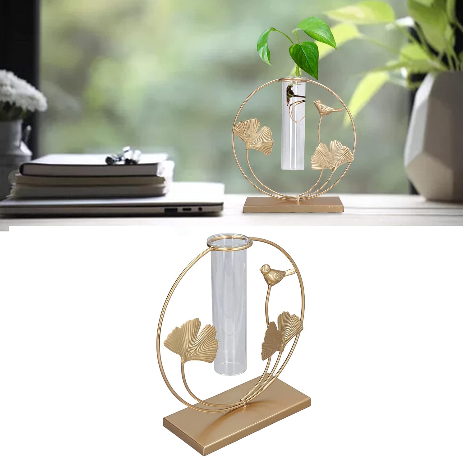 AVFORA Plant Terrarium with Metal Stand, Desktop Glass Planter Hydroponics Vase,Glass Vase with Metal Stand for Home Decoration,Modern Creative Bird Plant Terrarium Stand, Scindapsus Container
