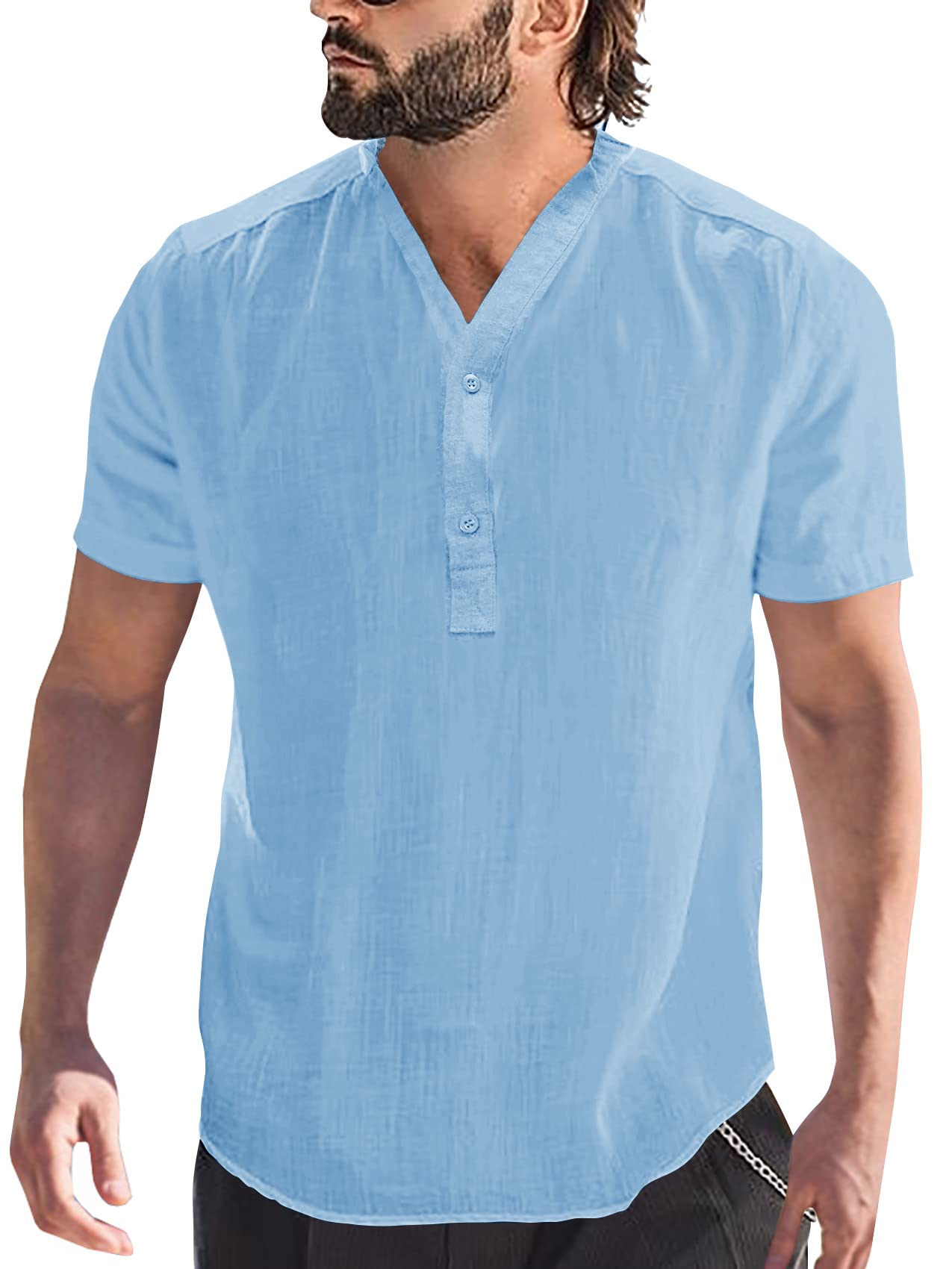 MakkromMens Linen Henley Shirts Short Sleeve Hippie Yoga Summer Casual T Shirt Button Up Tee Beach Tops