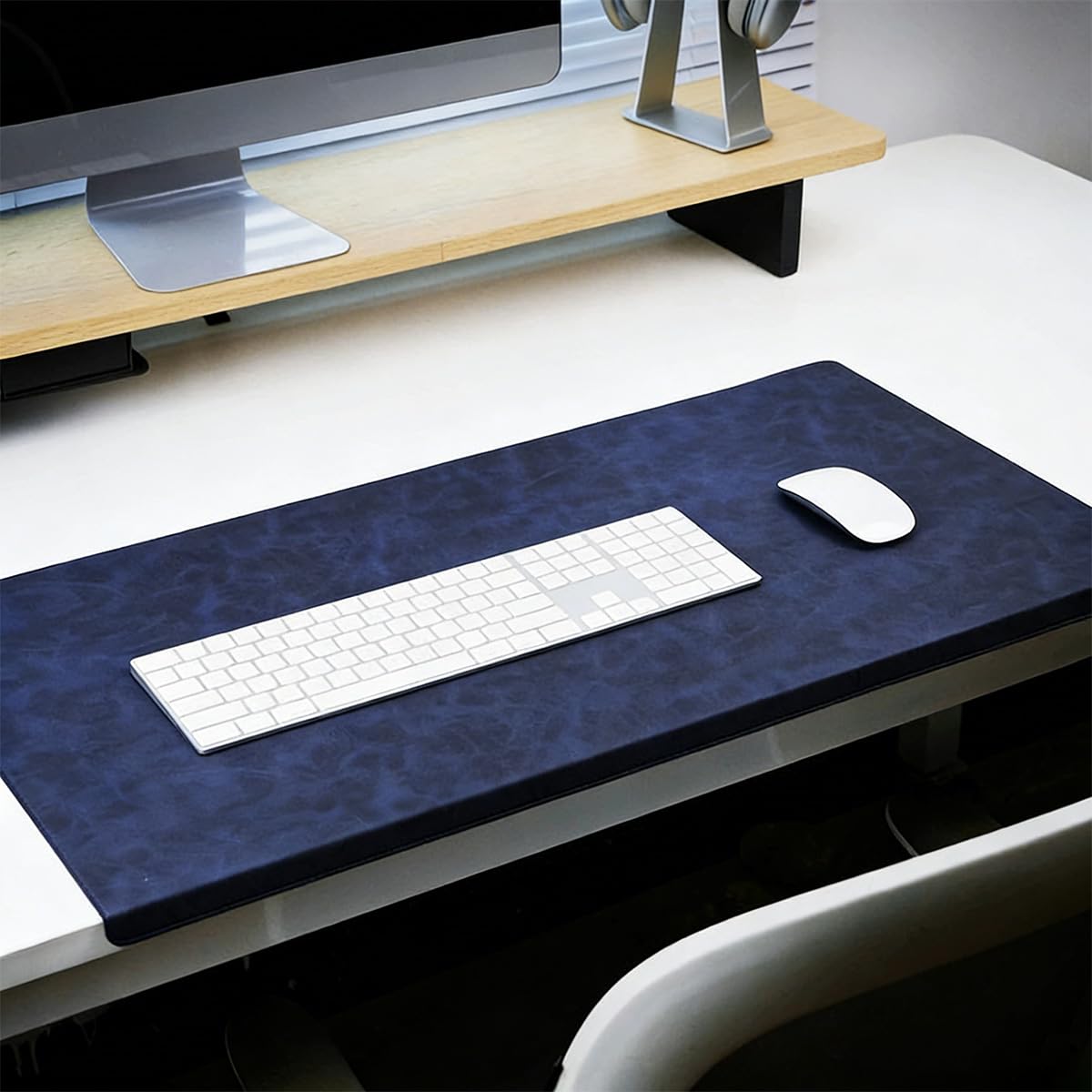 Large Desk Pad with Edge Protection, Edge-Locked Leather Office Table Protector Mouse Mat for Laptop Keyboard, Non-Slip Waterproof Writing Pad (Navy,60x30cm)