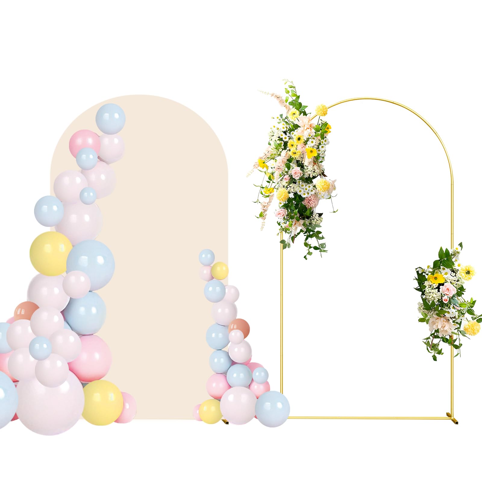 7.2FT Wedding Arch Backdrop Stand and Beige Arch Cover, Beige Spandex Fitted Backdrop Cover and Gold Wedding Arch Frame for Birthday Party Wedding Ceremony Bridal Baby Shower, Parties Decoration.