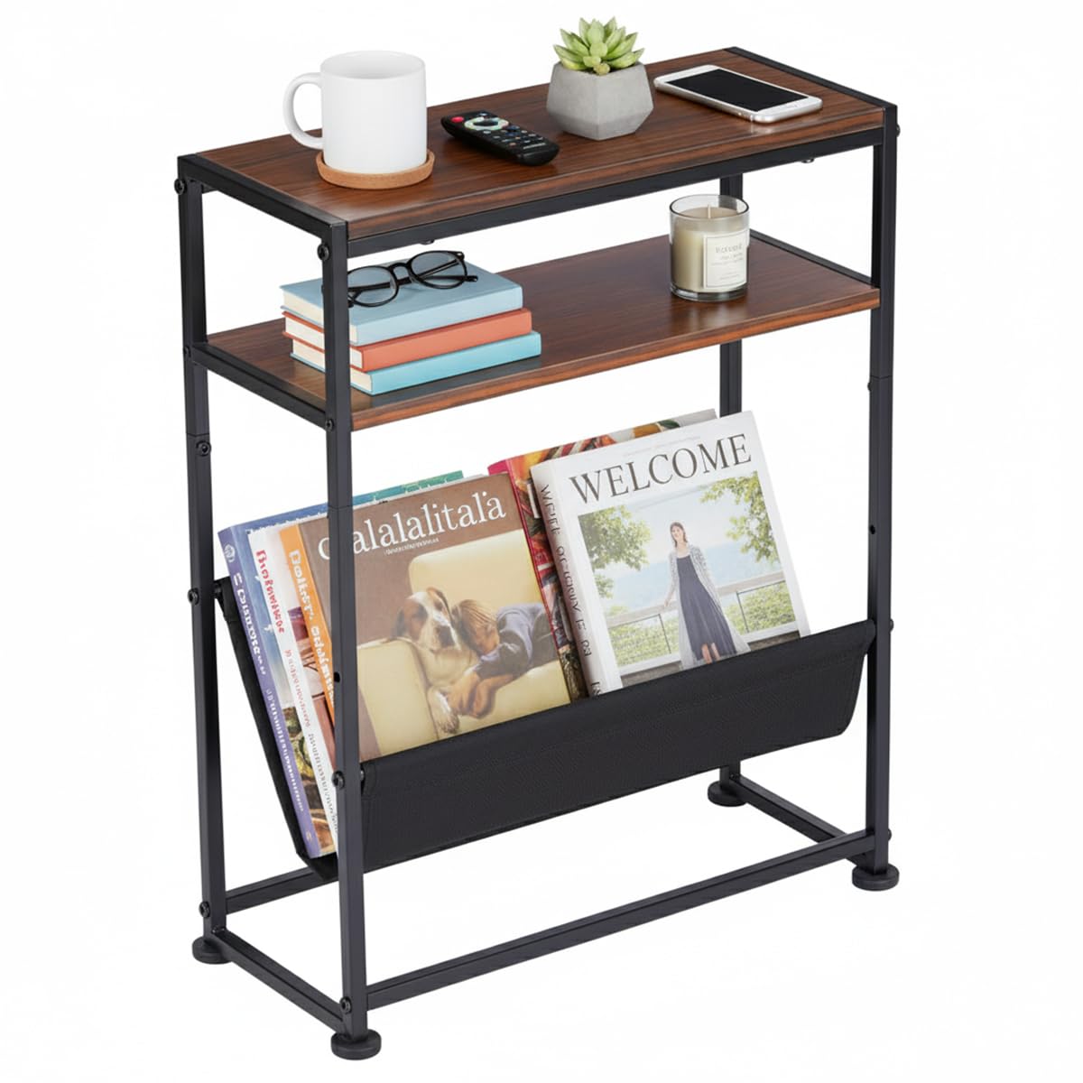 ZEXVIDA Slim Side Table with Magazine Rack, Width 17.2 x Depth 7.1 x Height 21.7 inches (43.2 x 18 x 55 cm), Storage Shelf, Small, Slim Mini Table, Bedside Table, Night Table, Coffee Table, Living
