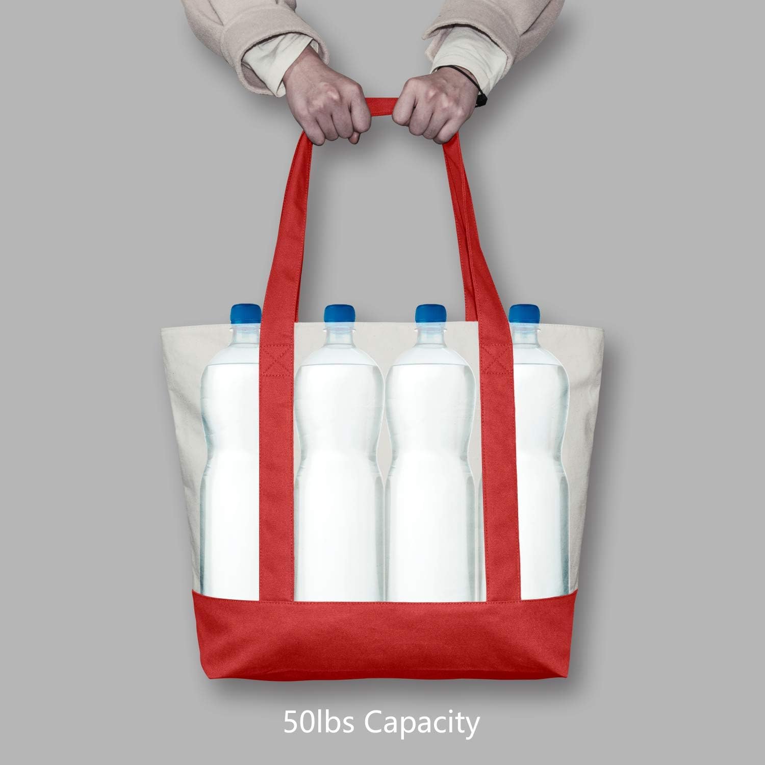 TOPDesign 1-Pack Canvas Tote Bag with an External Pocket, Reusable Grocery Shopping Bag, Top Zipper Closure, Daily Essentials (Red/Natural) - Image 6