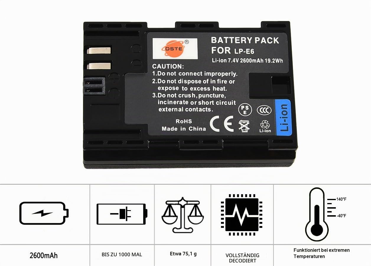 DSTE 2x LP-E6 Li-Ionen Akku für Canon EOS 5D Mark II, EOS 5D Mark III, EOS 6D, EOS 5DS, EOS 7D, EOS 60D, EOS 60Da, EOS 70D Kameras als LP-E6N