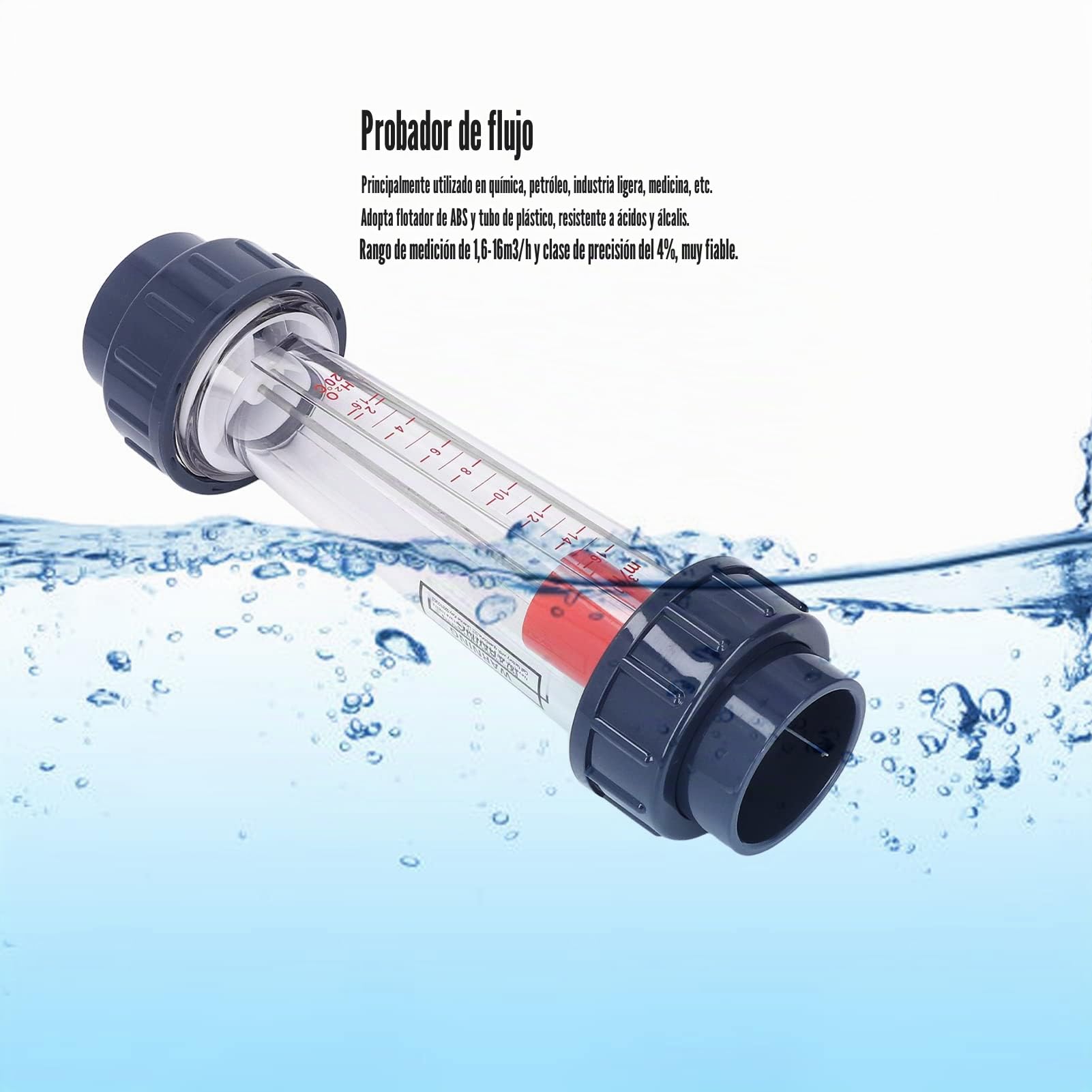 Caudalimetro de Agua Medidor de Flujo de Agua Tubo de Plástico Rotámetro de Agua Medidor de Flujo de Líquido 1,6-16 M ³ / H con Flotador ABS para Medición