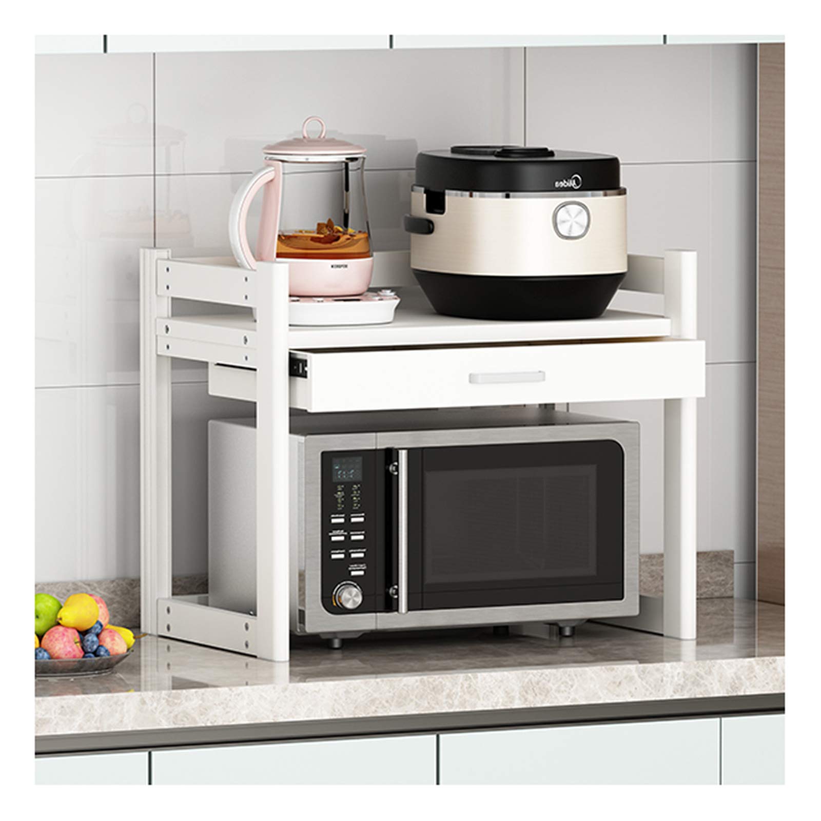 GLJTUO Space-Saving Microwave Shelf, Adjustable Aluminum Oven Rack with Drawers, Kitchen nizer for Efficient Storage, Bracket Stand for Small Appliances,White-60×45×55cm