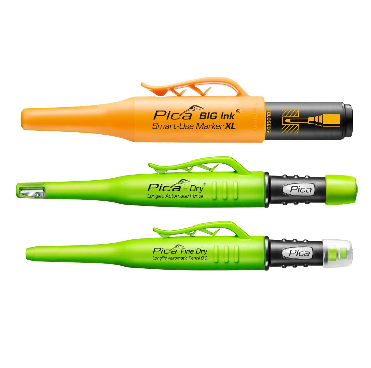Pica Allround‑Set | Set professionnel de marquage avec Pica Dry 3030, Fine Dry 7070 et Pica Big Ink noir | Marqueur de trous profonds | Pour artisans et bricoleurs