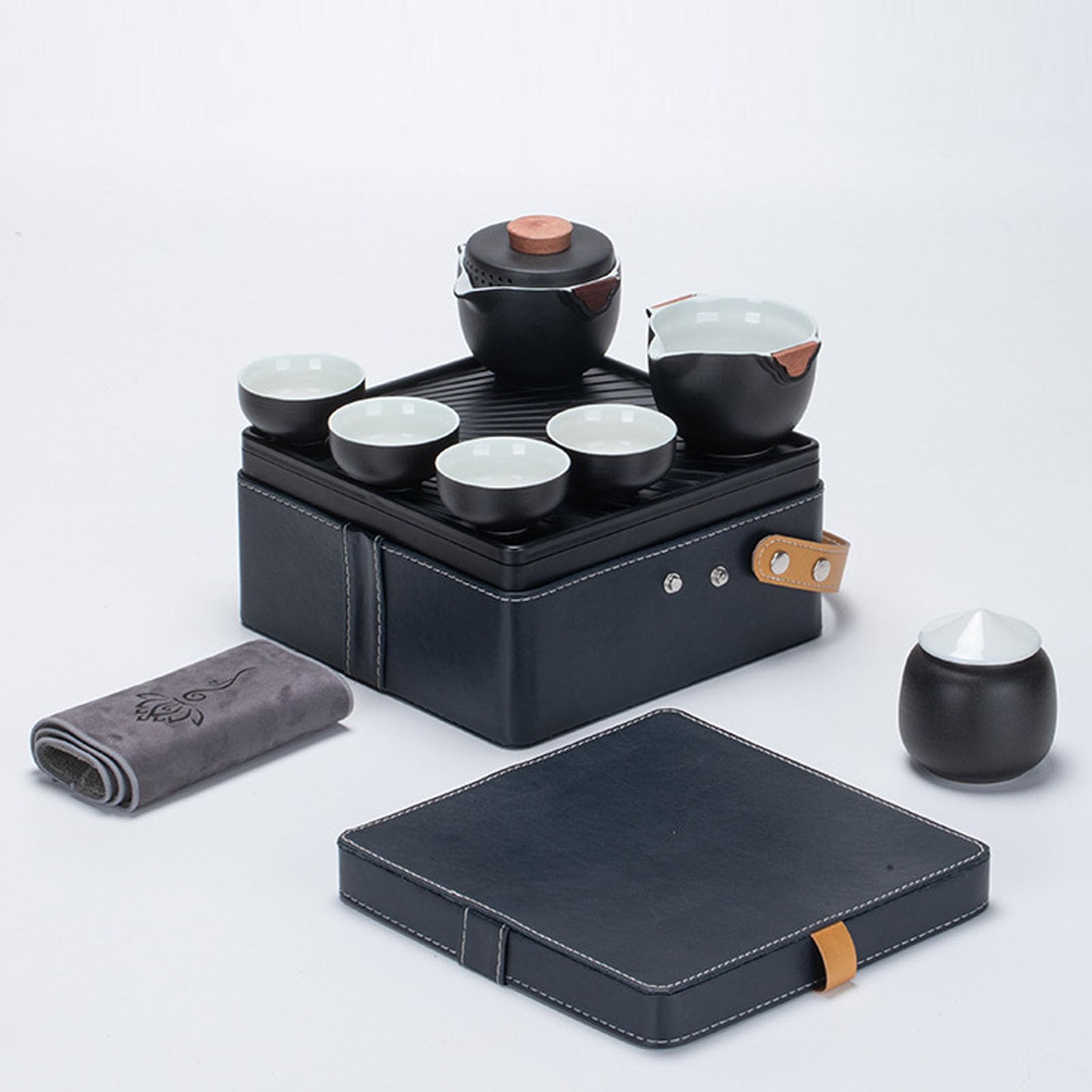 Alomejor Zestaw do Herbaty, Przenośny Czajniczek Ceramiczny Zestaw do Herbaty Gongfu z torbą podróżną i 3 Filiżankami Domowego Biura Podróży Camping Piknik na świeżym Powietrzu