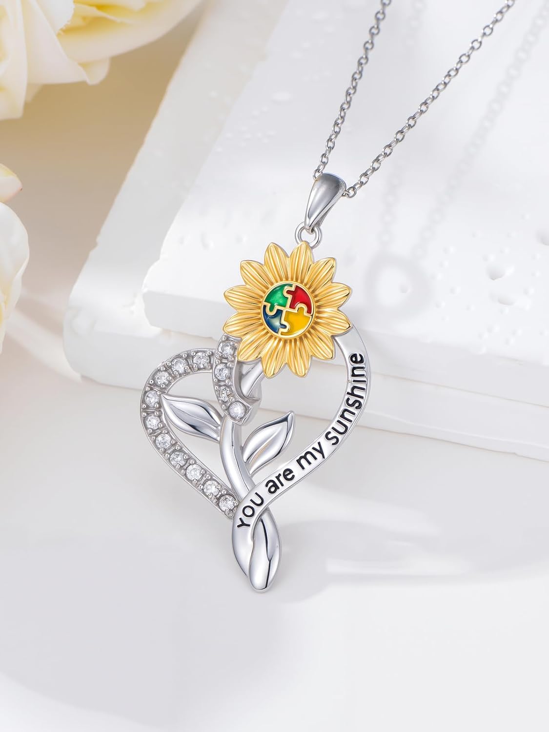 Autism Awareness Necklace for Women 925 Sterling Silver Autism Puzzle Piece Pendant Necklace Inspirational Christmas Gift for Autistic