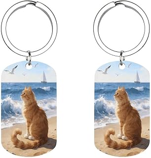 Wave Sound And Cat Keyring with Label Window Stainless Steel Personalized Key Tag Custom Double-Sided Printed Key Chain Funny Family Keys Label Keychain for Men Women
