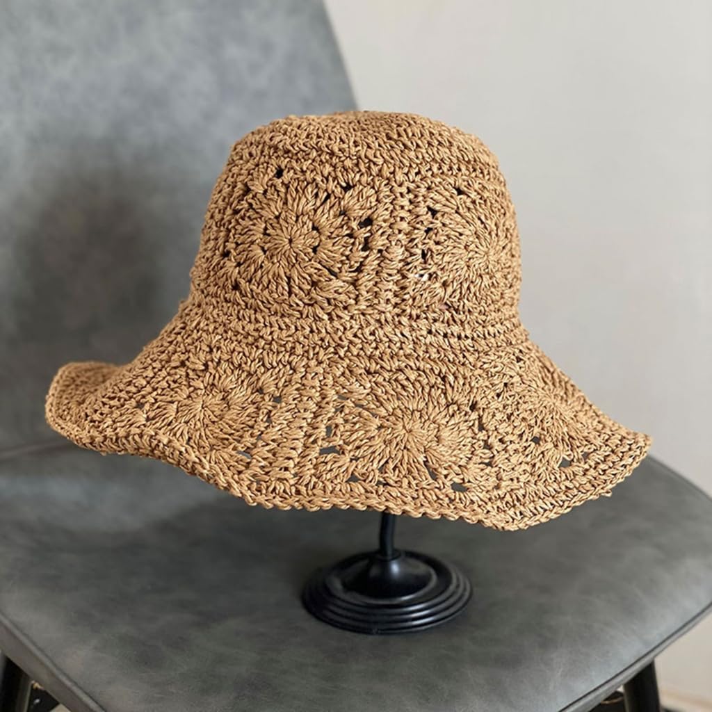 Handmade Straw Hat Crocheted Sunshade Bucket Hat for Women Dress-up Party Floppy Bucket Hat for Camping