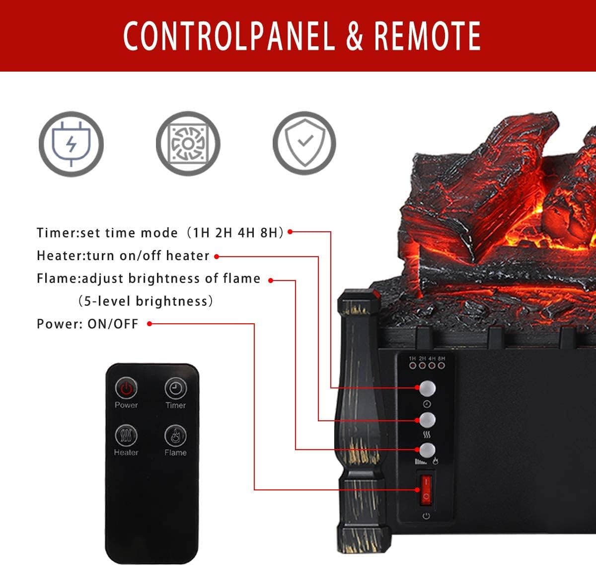 TOOCAPRO Electric Fireplace logs 21in Inserted Heater Realistic Dancing Flame Effect with Adjustable 5-Level Brightness Remote Overheating Protection Design Christmas Home Decoration