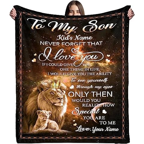 kvtiwee to My Son Blanket from Mom, Personalized Lion Blanket with Name, Son Gifts from Mom for Son Birthday with Positive Encourage and Brave Throw Blanket for Couch Sofa Bedroom Living Room Cover