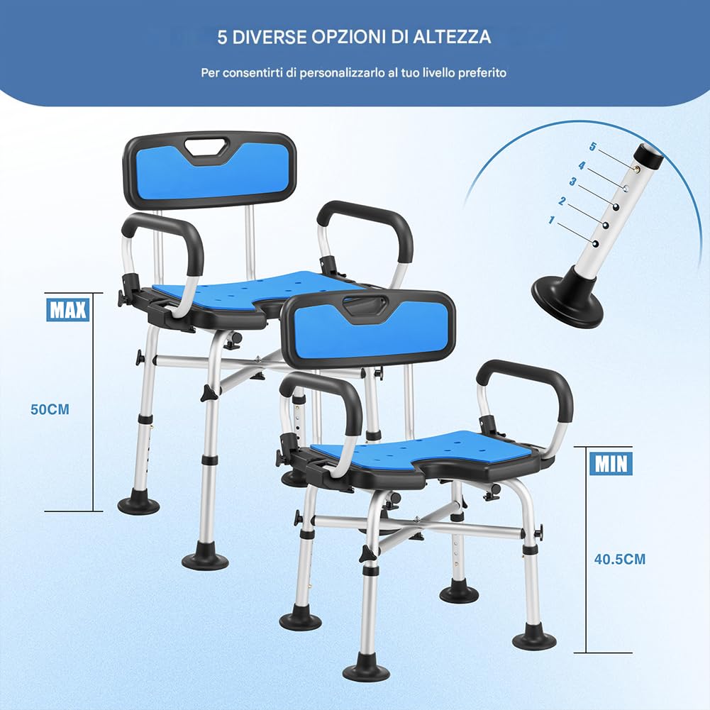 BAKAJI Sedia da Doccia per Anziani, Disabili e Persone con Mobilità Ridotta, Sedile Ergonomico e Struttura in Alluminio Resistente, Sgabello Bagno Altezza Regolabile, Piedi Antiscivolo, Capacità 130kg